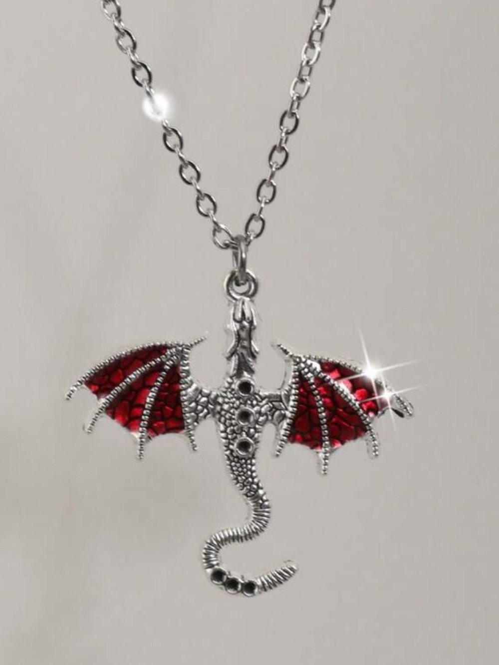Silver Dragon Pendant Necklace with Red Wings